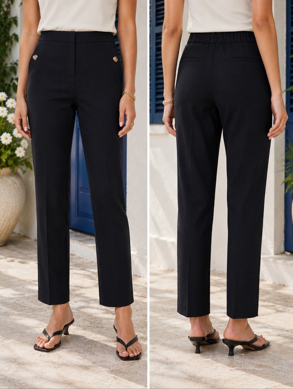 ⚓🖤 J.Crew Factory Linen Blend Sailor Black Ankle Pants Tortoise Button Dtl Sz 6
